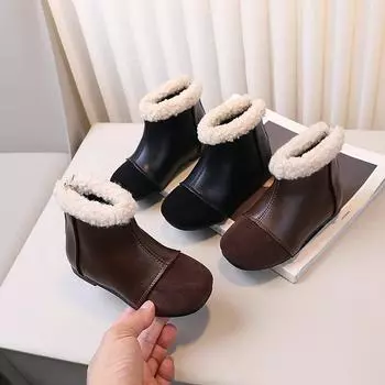 Ботильоны для девочек, модные универсальные детские короткие ботинки из искусственной кожи с круглым носком, 2024 г., абсолютно новые теплые зимние ботинки для девочек 21-30, нескользящие 21 чёрный