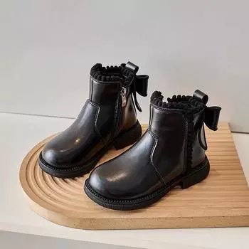 Ботильоны для девочек с бантом сзади, детские короткие ботинки на мягкой подошве, новинка 2024 года, кожаные ботинки принцессы для девочек с теплой хлопковой молнией сбоку 23 чёрный