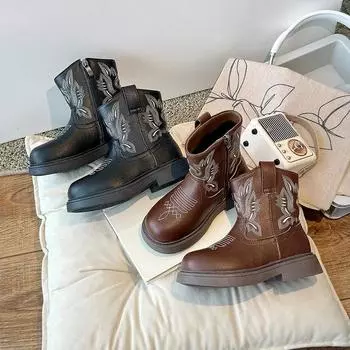 Ботильоны для девочек с боковой молнией, детские короткие ботинки, нескользящие, зимние, 2024, новые детские модные ботинки, мягкая подошва, вышитые, модные 26 чёрный