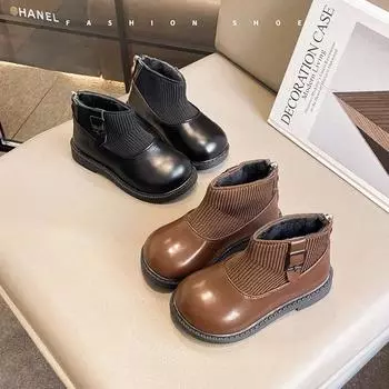 Ботильоны для девочек с молнией сзади, детские короткие сапоги принцессы с круглым носком, милые новые модные туфли-носки для девочек 2024 года на позднюю осень 21 коричневый