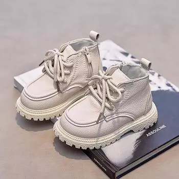 Ботильоны для девочек весна-осень бежево-черные повседневные детские ботинки модные однотонные детские короткие кожаные ботинки для мальчиков для школы 21 чёрный