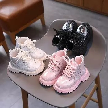 Ботильоны для девочек весна осень универсальные дышащие детские повседневные ботинки модные блестящие детские черные шорты ботинки с боковой молнией 21 чёрный