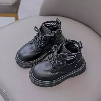 Ботильоны для мальчиков весна-осень 2024 года, простые классические детские модные ботинки в британском стиле с круглым носком и боковой молнией для девочек 21 чёрный