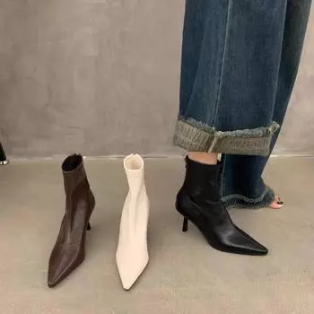 Ботильоны для отдыха, женская обувь, зимние туфли с острым носком, женские тонкие высокие каблуки, кожаные современные ботинки с металлическими украшениями 35 чёрный