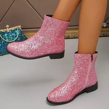 Ботильоны для женщин 2024 осень-зима новый стиль блестящие модные женские ботинки повседневные и универсальные ботинки на платформе с застежкой-молнией сзади 36 чёрный