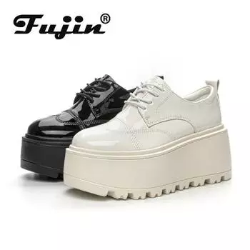 Ботильоны Fujin на танкетке из лакированной микрофибры 8 см, туфли-лодочки из высококачественной кожи, весенняя женская модная осенняя обувь на платформе с мягкой подкладкой 33 чёрный