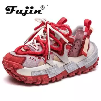 Ботильоны Fujin, разноцветные ботильоны 5 см, летняя женская удобная модная обувь, 2024, массивные кроссовки из сетчатой кожи из свиной кожи, ботильоны на плоской подошве 35 фиолетовый