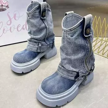 Ботильоны из денима для женщин, круглый носок, толстая подошва, молния сбоку, ремень, пряжка, женская обувь, однотонный цвет, низкий каблук 35 чёрный