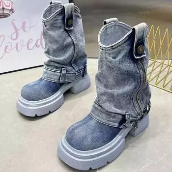 Ботильоны из денима для женщин, круглый носок, толстая подошва, молния сбоку, ремень с пряжкой, женская обувь, однотонный цвет, низкий каблук, дизайнер, новый бренд 35 синий