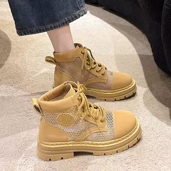 Ботильоны из дышащей сетки для женщин, модные желтые повседневные туфли на молнии со шнуровкой, женские ботинки на плоской платформе 35