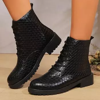 Ботильоны из искусственной кожи с рисунком под змеиную кожу, женские, осень 2024 г., на шнуровке, на платформе, мотоциклетные ботинки Botas Mujer, на низком каблуке, женские 36 чёрный