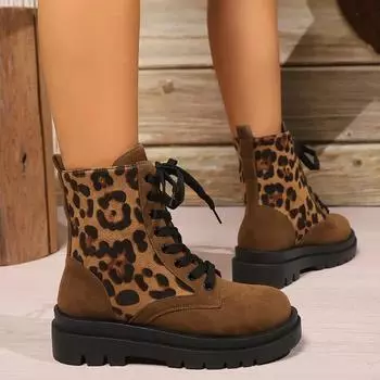 Ботильоны из искусственной замши в стиле ретро с леопардовым принтом для женщин, новые мотоциклетные ботинки с толстой подошвой, нескользящие женские ботинки больших размеров 36
