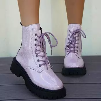 Ботильоны из лакированной кожи Lucyever женские 2024 года в стиле панк-готика, мотоциклетные ботинки, женская мода, толстая подошва, на шнуровке 37 розовый
