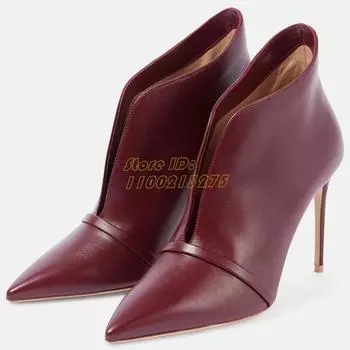 Ботильоны из матовой кожи бордового цвета на тонком высоком каблуке-шпильке с острым носком, модная обувь весна-зима 2025 года 34