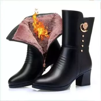 Ботильоны из мягкой кожи для женщин весна-зима с мягкой теплой молнией сбоку, круглым носком, на высоком каблуке, женские повседневные туфли для мам 35