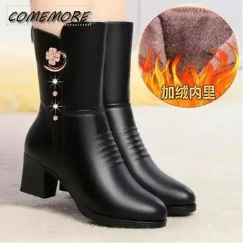 Ботильоны из мягкой кожи для женщин весна-зима с мягкой теплой молнией сбоку, круглым носком, на высоком каблуке, женские повседневные туфли для мам из искусственной кожи 35