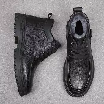 Ботильоны из натуральной кожи для холодной зимы, мужские ботинки, модные рабочие хлопковые ботинки, сохраняющие тепло, зимние ботинки, толстая подошва, нескользящая мужская обувь 6 чёрный