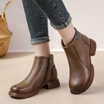 Ботильоны из натуральной кожи осень-зима, женская обувь, круглый носок, квадратный каблук, молния, ручная работа, женские ботинки для отдыха, короткие ботинки для мам 35