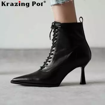 Ботильоны из натуральной кожи с острым носком на высоком каблуке и перекрестной завязкой 34 чёрный