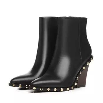 Ботильоны из натуральной кожи, женские ботинки на высоком каблуке с золотыми заклепками, кожаные женские осенне-зимние черные ботинки 34 белый