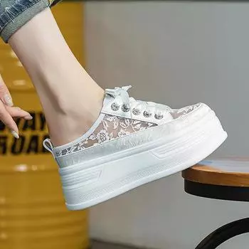 Ботильоны из воздушной сетки 8 см, туфли-лодочки, модные кроссовки на синтетической платформе на танкетке, удобные летние дышащие женские тапочки 34 белый