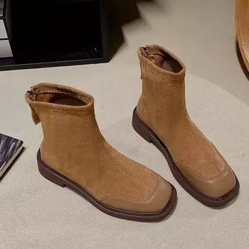 Ботильоны из замши с квадратным носком, женские туфли на среднем каблуке, челси, зима 2025, тренд, повседневная обувь из хлопка, туфли-лодочки, массивные зимние ботинки женские 35 чёрный