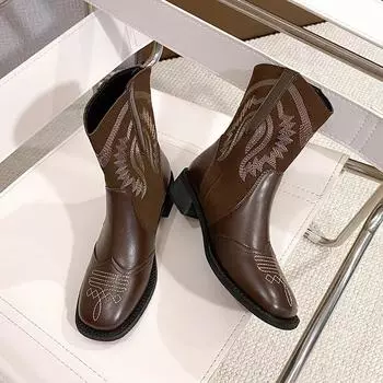 Ботильоны ковбойские женские замшевые натуральная кожа вышитые ковбойские туфли на толстом каблуке зимние короткие ботинки 35