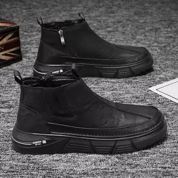 Ботильоны Лоферы Мужские осенние кроссовки Кожаные повседневные туфли Высокие сапоги Модные туфли с круглым носком и высоким берцем, нескользящие туфли Новые 39 чёрный