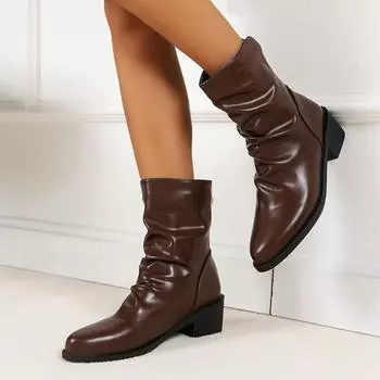 Ботильоны Lucyever из лакированной кожи с плиссировкой, женские, большого размера, с застежкой-молнией сзади, короткие, женские, осень-зима, на толстом каблуке, 43 35