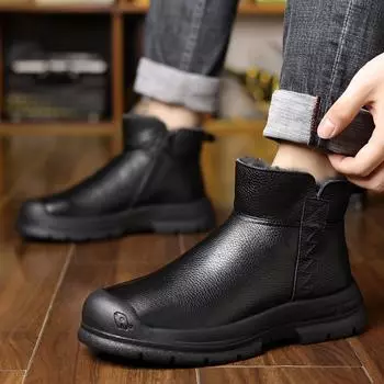 Ботильоны мужские из натуральной кожи с боковой молнией, повседневная обувь для мужчин, высококачественные деловые низкие туфли, мужские зимние плюшевые ботинки для снега 38 чёрный
