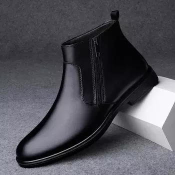 Ботильоны мужские из натуральной кожи с боковой молнией, высококачественные мужские зимние плюшевые ботинки для снега, модные повседневные высокие мужские туфли без застежек 37
