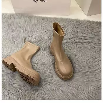 Ботильоны на квадратном каблуке, современные, весна/осень, круглый носок, туфли на среднем каблуке, женские, 2024, высококачественное шитье, лаконичные женские ботинки 35 бежевый