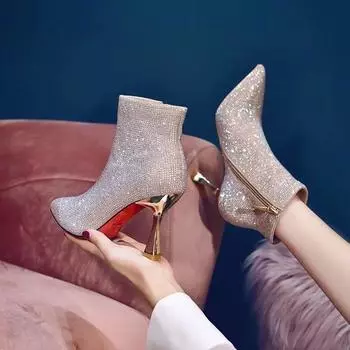 Ботильоны на очень высоком каблуке женские короткие туфли сексуальные боевые заостренные носки в стиле панк со стразами женские ботильоны сапоги новые 34