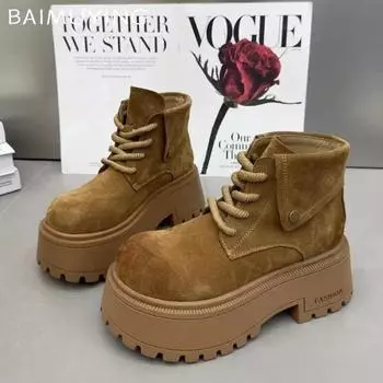 Ботильоны на платформе для женщин, замшевые туфли на шнуровке, высокие каблуки, женские, тренд 2025 года, зимние теплые повседневные кроссовки Mujer Zapatos 35 верблюд