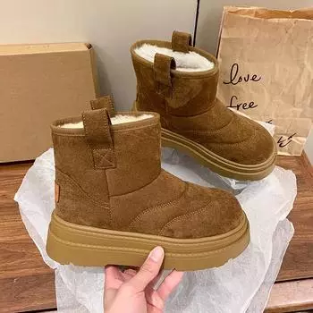 Ботильоны на платформе из замши для снега, женские туфли на плоской подошве из плюшевого хлопка, тренд 2025 года, новые теплые зимние прогулочные нескользящие модные ботинки Mujer 35 коричневый