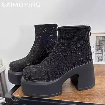 Ботильоны на платформе с кристаллами, женские, на высоком каблуке, роскошная женская обувь 2024 года, зимняя готическая мода, зимние мотоциклетные ботинки для женщин 35 кофейный