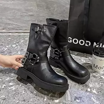 Ботильоны на платформе с пряжкой в готическом стиле, женские армейские ботинки с заклепками, зимние коричневые ботинки до середины голени для женщин, мотоциклетные ботинки Botas Mujer 35
