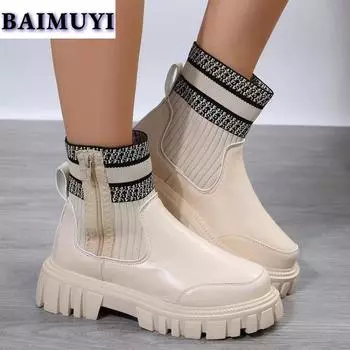 Ботильоны на платформе, женские, массивные, модные, носки, зимние, женские, 2025, классические, зимние, трендовые, кожаные, на молнии, готические, Zapatos Mujer 36 бежевый