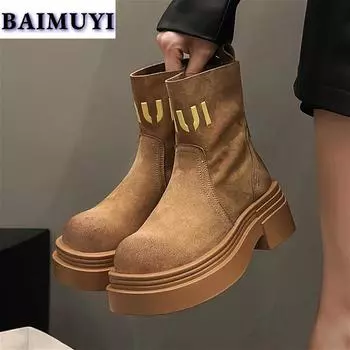 Ботильоны на платформе женские замшевые туфли челси на среднем каблуке женские осень 2024 тренд повседневный готический брендовый дизайн массивные зимние ботинки женские 35 бежевый