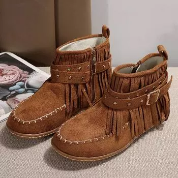 Ботильоны на плоской подошве с кисточками в стиле ретро, женские модные замшевые сапоги с пряжкой, женские нескользящие ботинки в стиле бохо большого размера 36