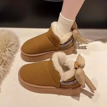 Ботильоны на плоской подошве с зимними ботинками на плоской подошве с зимней женской обувью на распродаже 2025 года, модные ботинки с круглым носком и средним каблуком с завязкой-бабочкой 35 коричневый