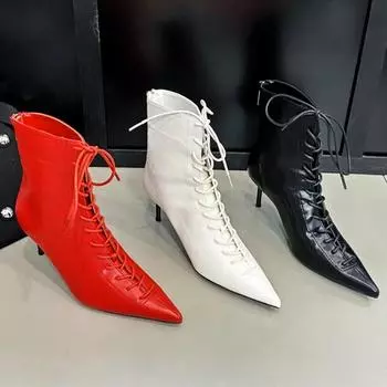 Ботильоны на шнуровке с острым носком, женские короткие сапоги на тонком каблуке, женские ботильоны для вечернего платья, новые элегантные модные сексуальные женские сапоги 35