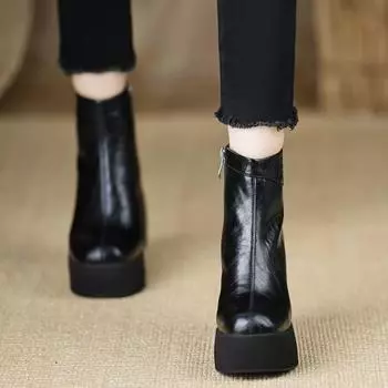 Ботильоны на танкетке, современные зимние туфли на молнии с круглым носком, женские 2024 года, высококачественные, на среднем каблуке, однотонные, на молнии, лаконичные женские ботинки 34 коричневый