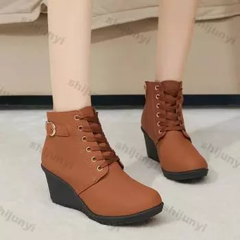 Ботильоны на танкетке в стиле ретро с толстым дном и круглым носком на высоком каблуке, короткие, со шнуровкой, на осень-зиму, теплые, на платформе, в этническом стиле 35 хаки