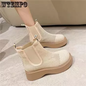 Ботильоны на толстой подошве, летящая тканая сетка, дышащая подошва с маффином, дымчатая трубка, летняя женская обувь «Челси», тонкий стиль 35 бежевый