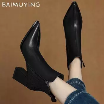Ботильоны на толстой подошве, женские туфли с острым носком, сексуальные туфли на высоком каблуке, кожаные туфли 2025 года, зимние дизайнерские туфли-лодочки в готическом стиле Botas De Mujer 34 чёрный