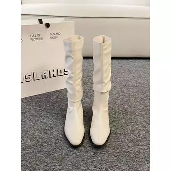 Ботильоны на толстом каблуке с плиссированной голенищем, женские ботинки, новые весенне-осенние западные тонкие ботинки средней длины 35