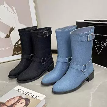 Ботильоны на толстом каблуке с пряжкой на ремне для женщин, осень-зима, мягкая подошва, дизайнерская женская обувь, модные джинсовые ботинки челси для женщин 35
