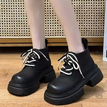 Ботильоны на толстом каблуке с толстой подошвой, женские, осень 2024, модные, ретро, повседневные, женские, кожаные, из искусственной кожи, со шнуровкой, короткие, Botas 35 чёрный