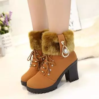 Ботильоны на толстом каблуке, женская зимняя обувь, модные элегантные меховые теплые короткие ботинки, женская обувь для вечеринок 35 чёрный